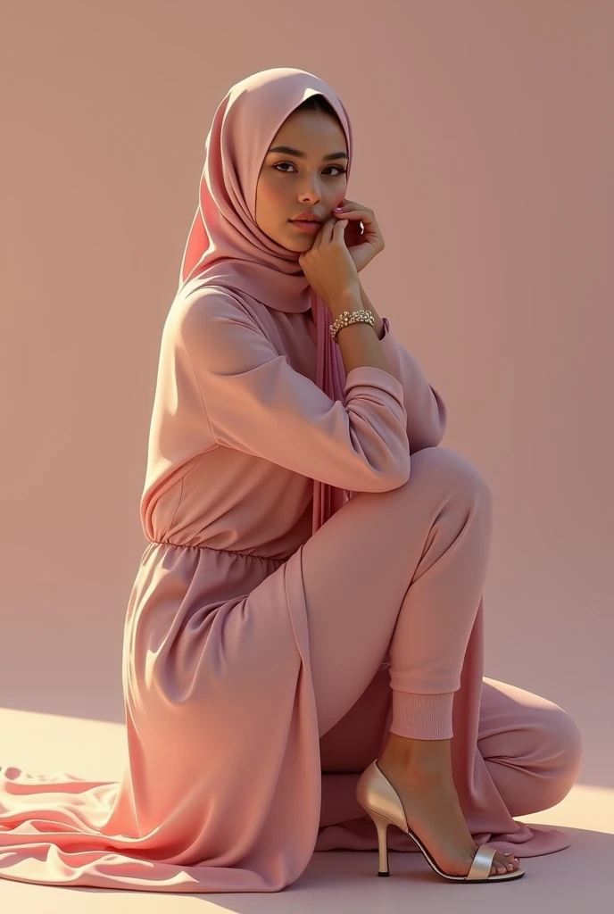 Perfect hijab girl pink, high heels perfect beine, reslist, sexy pose, kneels on the floor