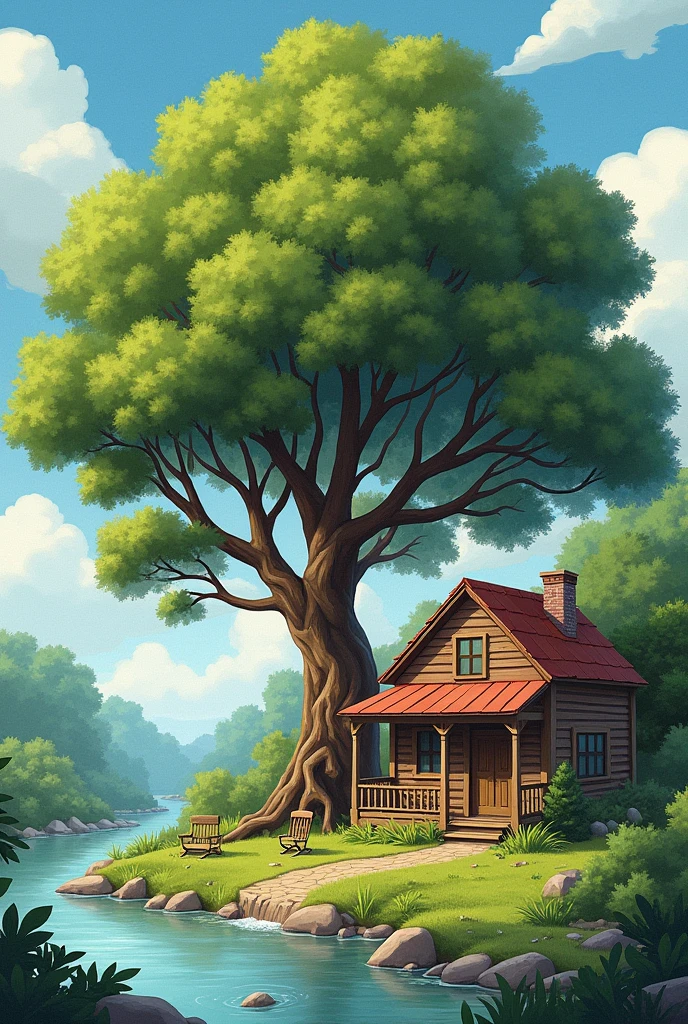 Simple scenery with river house and tree for drawing