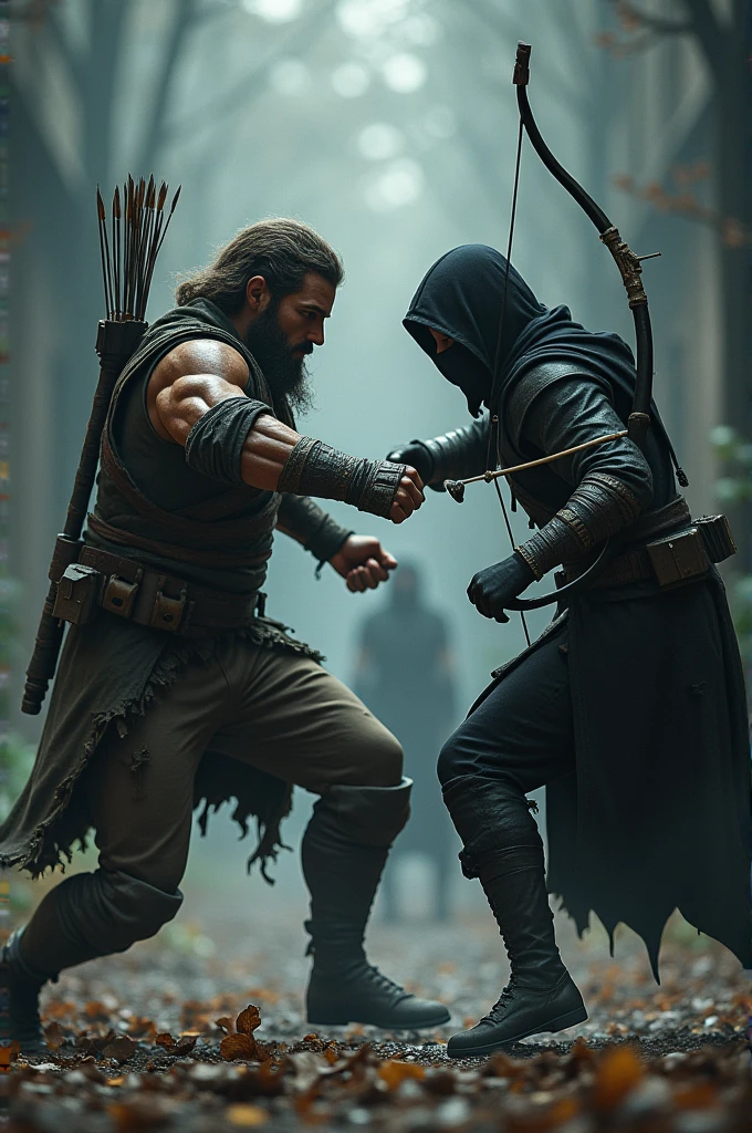 Description: Hunter lunges at Dark Arrow with a series of quick strikes. Dark Arrow Dodge, stepping back while preparing an arrow.