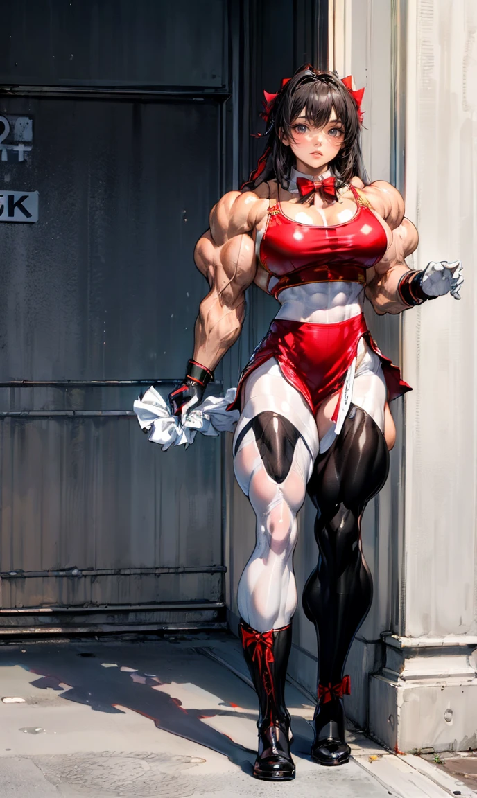 (Optimal lighting) , (Extremely complex and detailed) , 4K Unified, (Super detailed CG: 1.2) , (8K: 1.2),(Original), (masterpiece) , (best quality),(masterpiece:1.4),Anime-like high quality,(masterpiece),masterpiece, Ultra-clear picture quality，Compare...clearer，（Delicate face）best quality, absurd,((Master of Peace, 4K, 8K, Yes, high resolution))1个girl, ，,(Wonderful bass),((Bodybuilder:1.5))(girl),(miss),(((Upper Body:1))) Upper Body，Arm muscles close-up。Shop，on the street，Broad shoulders and thick back，Thick Arms，Amazing eight pack abs，Thick abs，Oily muscle reflex hydration，Burst vein，Close Mastery(((((White school uniform with red bow tie)))))(((((Black skirt)))))(((((Black boots)))))(((((on the street)))))(((((Legs close-up:1)))))((((((Thick Legs)))))(((((Bulging leg muscles)))))