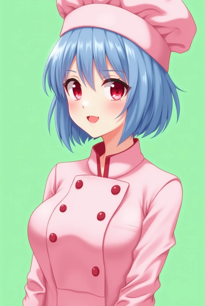 Female chef between 18 and 20 years old, with a pink long-sleeved uniform and a chef&#39;s hat of the same color, 2D anime style with pastel colors, short blue hair, Red eyes ,with a happy and sensual expression, on a completely green and flat background
