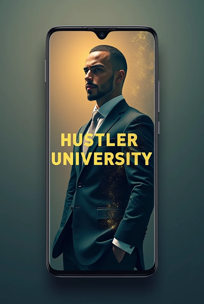 Make a creative and elegent ,subtle wallpaer for phone with the hustler university logo picture thats absolutely gangster with dissolve picture of Andrew tate and always motivate its student.