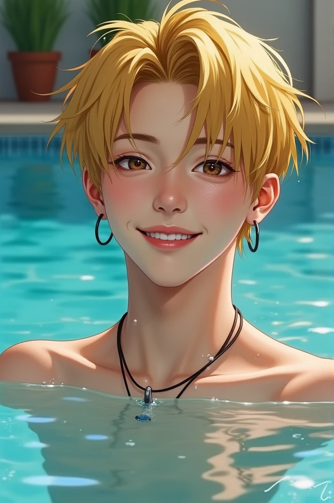 Kim Taehyung in a pool, yellow hair, brown eyes and smiling, realism mode