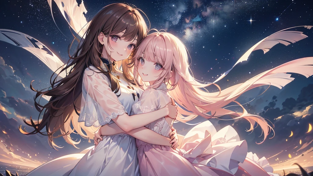 ((Highest quality、masterpiece、Ultra-fine、Ultra-fine、Exquisite、Golden Ratio,16K、Brown Hair,The best smile,Full HD、 The night your smile shines )), (profile,One person))Long eyelashes、White skin、(Pale pink lips、Pale pink cheeks、thin and long)、((One person)),birthday,Your smile shines like the stars in the night sky