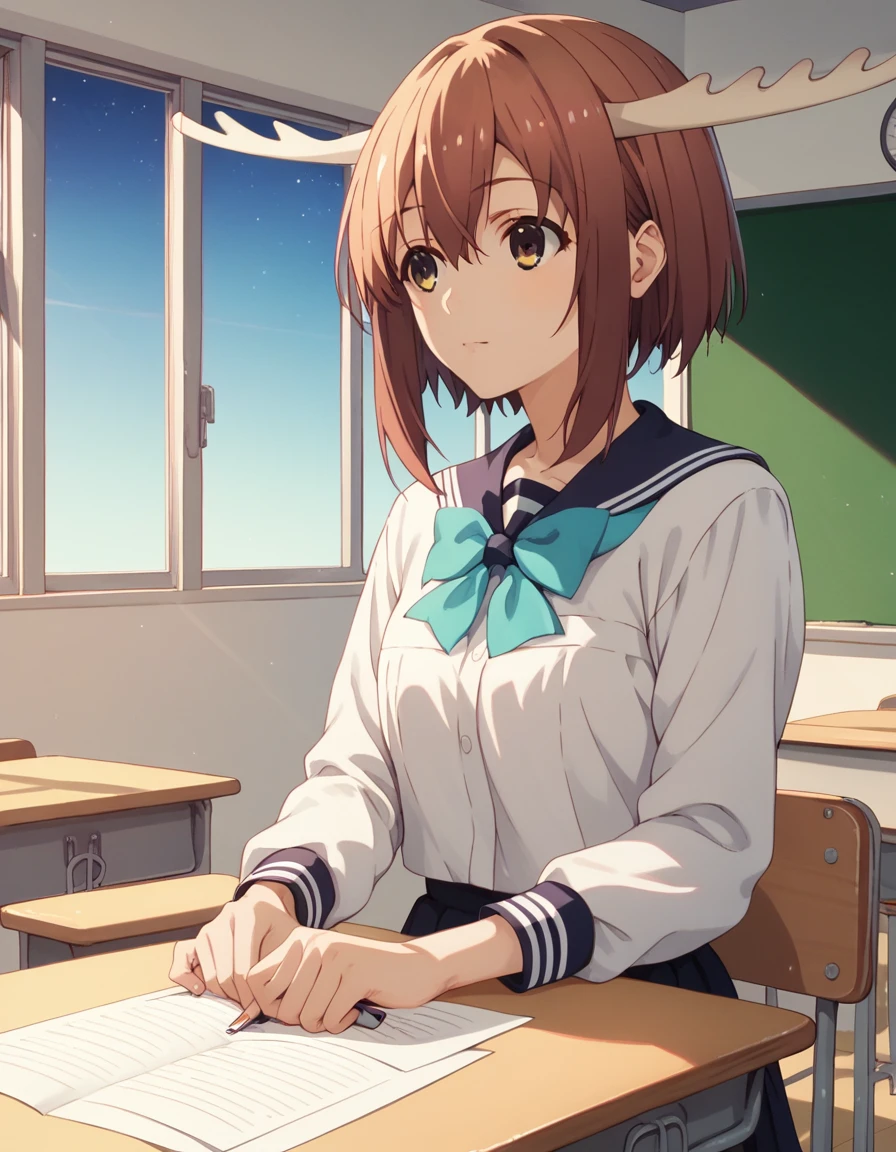 Solo, Female, (LoRA Noko Shikanoko), Detailed background, Classroom, Night sky, Leaning against desk