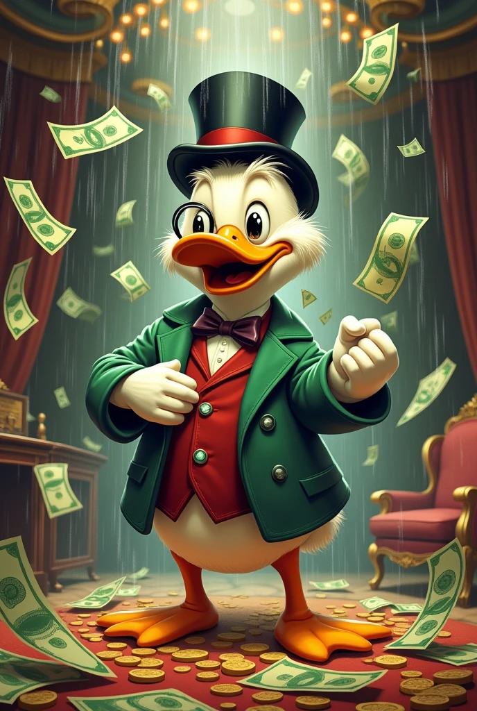 create an image of uncle ric mcpato ( a duck that rains bills on him)