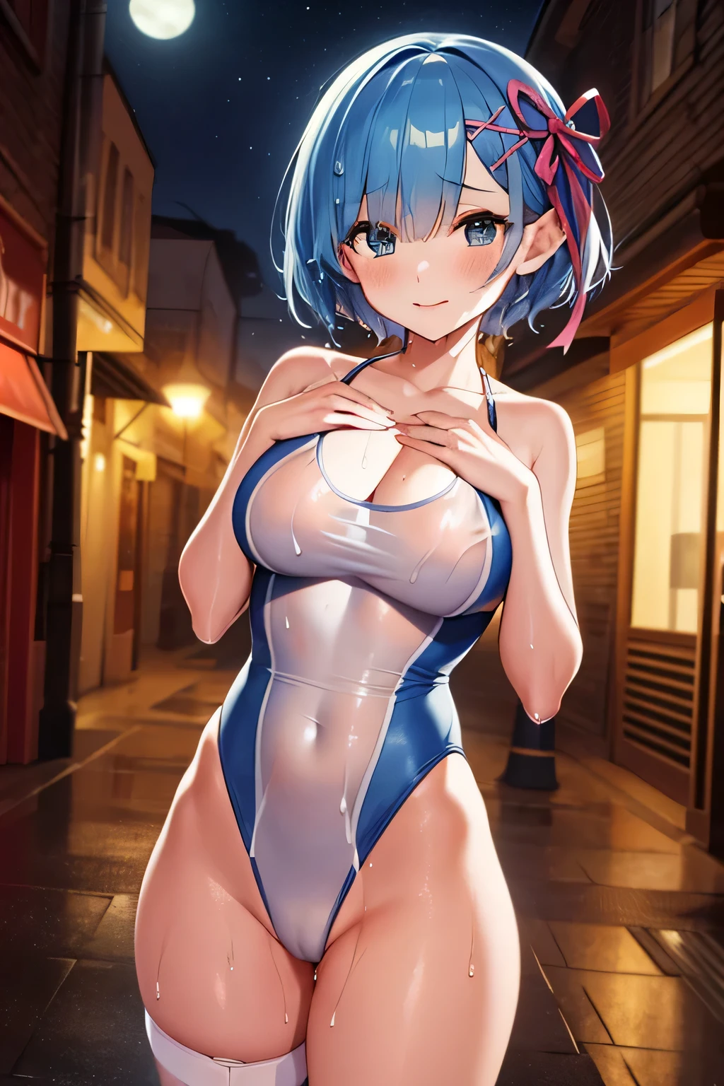 poor, short hair, x Hair accessories, Hair Ribbon, Hair on one eye, Large Breasts, Cleavage, (Low length:1.1),Cowboy Shot,(Wet Skin:1.3),
break 
(software), Please place your hand on your chest, head tilt
break
little smile, Happy, (blush), (shut up.)
break 
official art, masterpiece, Highest quality, Highest Resolution, 8k, Most detailed, perfect anatomy
break
Wild West, Western Towns, Dust, Night Sky, Highly detailed CG Unity 16K, Very beautiful 16K CG wallpaper,(highleg swimsuit:1.2),(High leg cut:1.9)