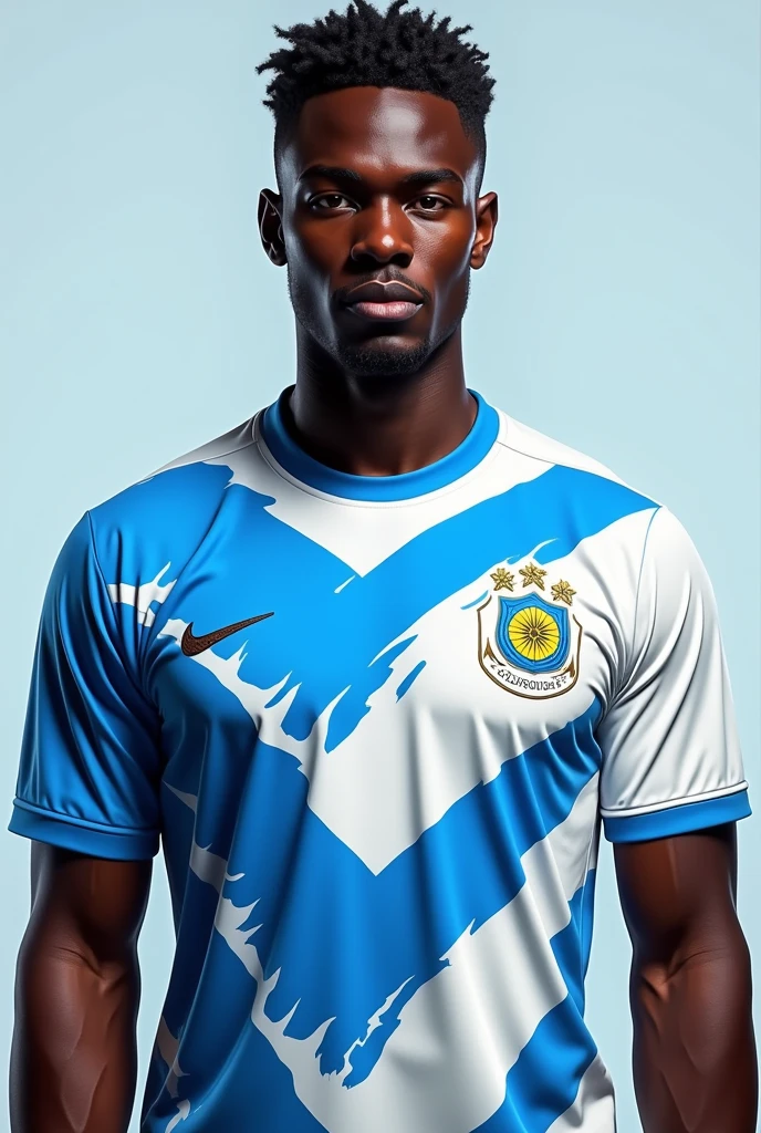 Create a black man using a unique blue and white Uruguay football team shirt