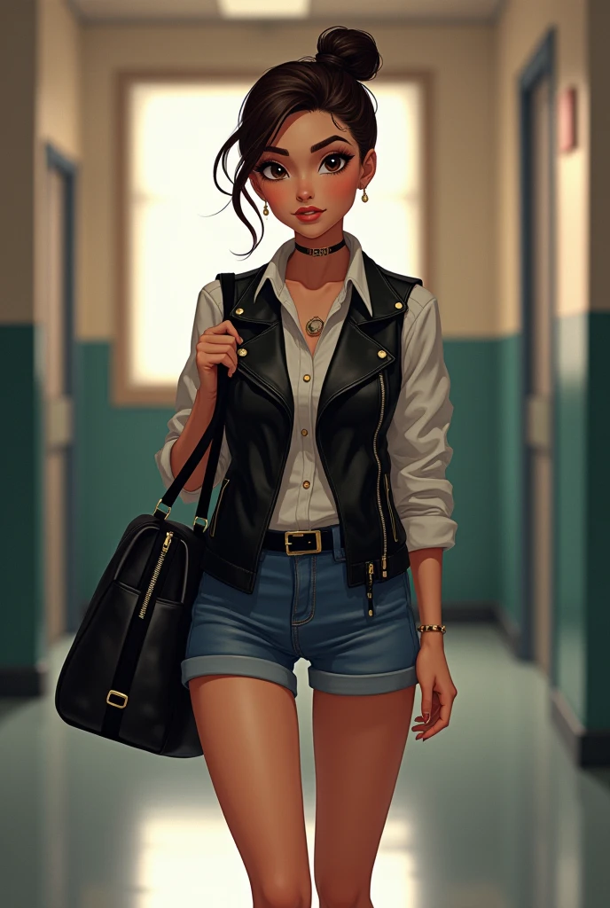 Femme cheveux attaché veste cuir mini short jean grand sac a main, elle travaille en tant que professeur d'école