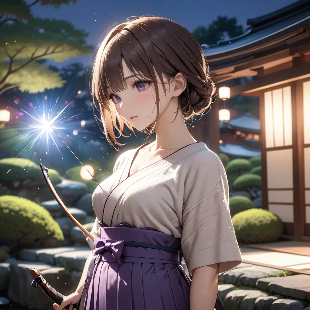  High resolution, masterpiece, 最high quality, Very detailed, high quality, Textured skin,  Brown Hair, Natural look, Japanese garden,night,Cinema Lighting, Purple Hakama,chest, born,Professional photography,Cinema Lighting, 丸いchest,Holding a bow,Sparkle Effect, Background blur, sexy,