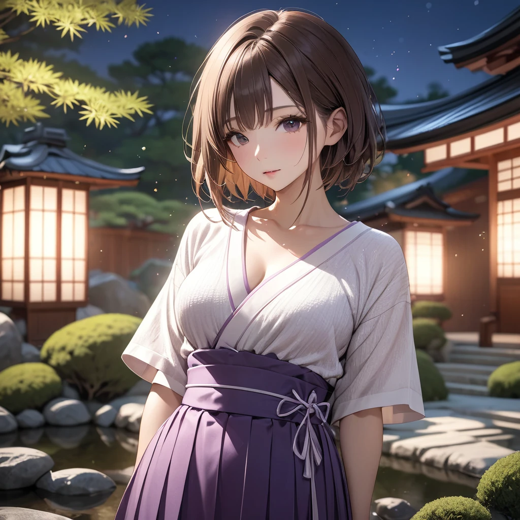  High resolution, masterpiece, 最high quality, Very detailed, high quality, Textured skin,  Brown Hair, Natural look, Japanese garden,night,Cinema Lighting, Purple Hakama,chest, born,Professional photography,Cinema Lighting, 丸いchest,Holding a bow,Sparkle Effect, Background blur, sexy,