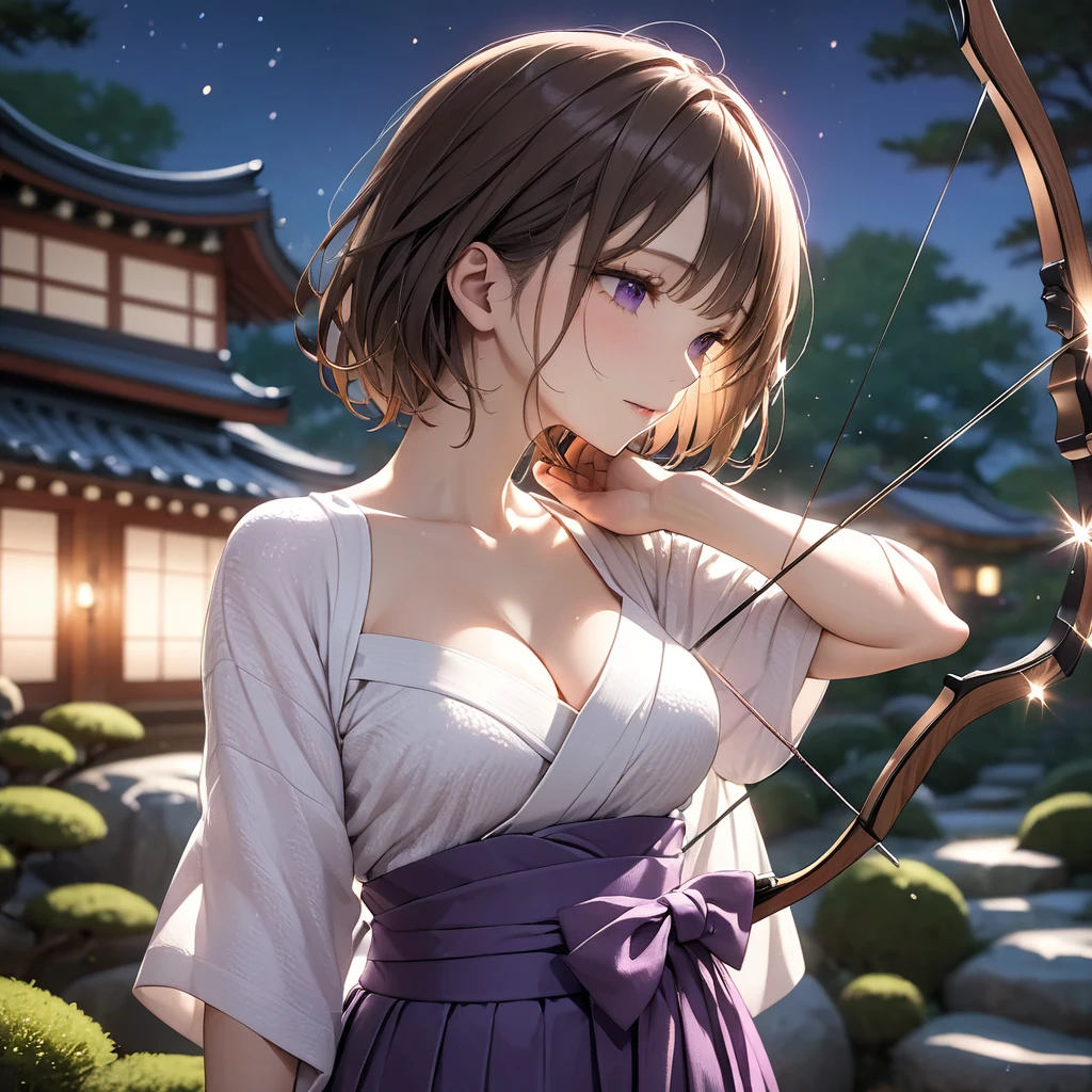  High resolution, masterpiece, 最high quality, Very detailed, high quality, Textured skin,  Brown Hair, Natural look, Japanese garden,night,Cinema Lighting, Purple Hakama,chest, born,Professional photography,Cinema Lighting, 丸いchest,Holding a bow,Sparkle Effect, Background blur, sexy,