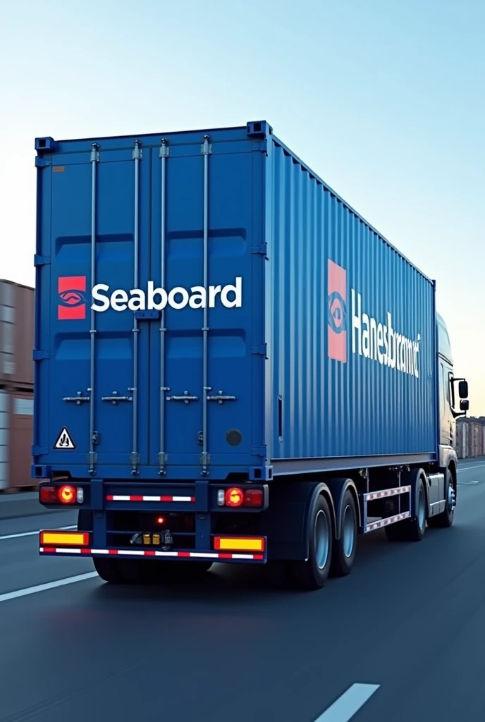 Create trailer with container of the brand seabord in blue color,and that on the back of the container and also on the side is the name of the company HANESBRANDS
