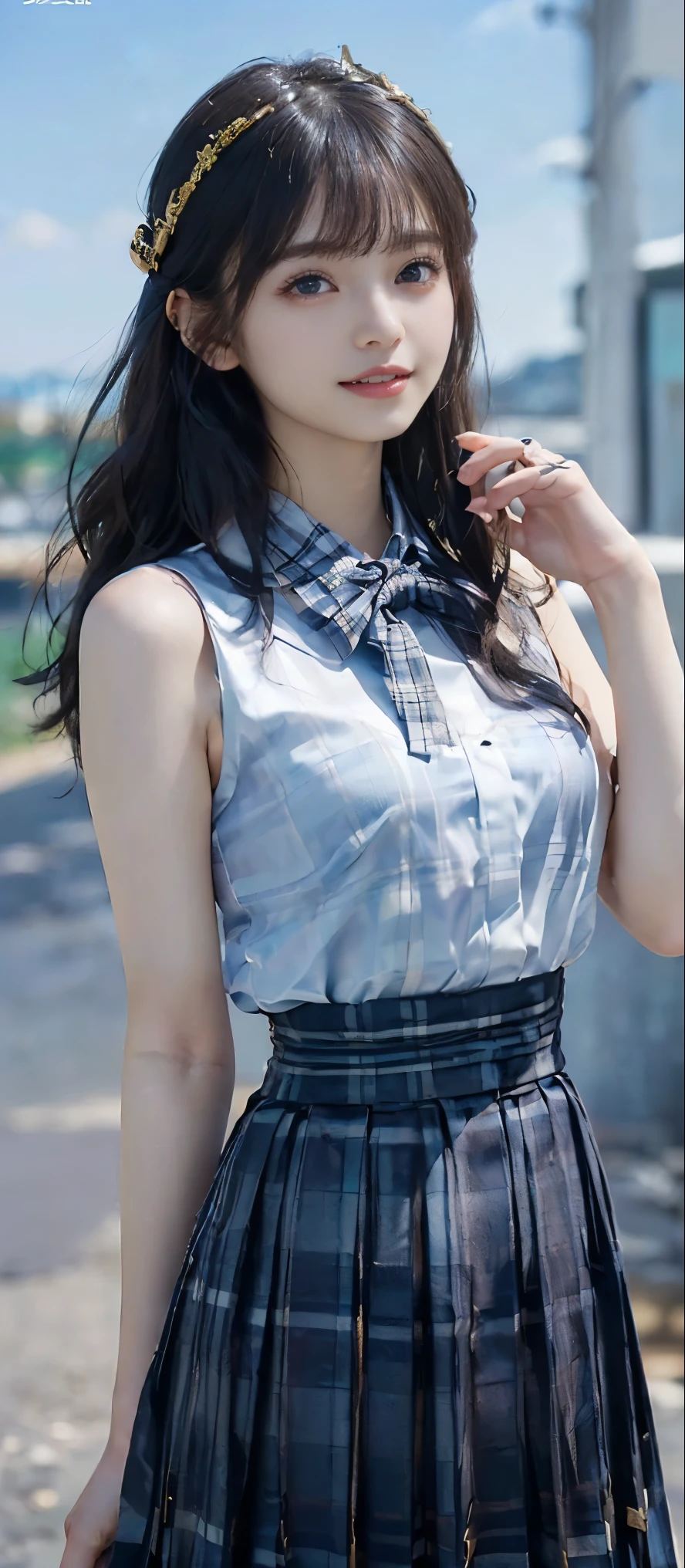 (Highest quality, masterpiece:1.2), Highest quality, Realistic, photograph, High resolution, 1080P, 8k, Physical Rendering, ((height: 155cm、Slim and slender style、medium firm chest)), ((((((A beautiful fashion model featured in a Japanese fashion magazine、Look directly at the viewer)))))), (((big, Very fine, Beautiful dark brown eyes))), ((((Everyone loves me、They are Laughter at me.!)))), Detailed fingers, (((length, Curled bangs))), ((((Very noble and cute eyes, Every detail is carefully drawn)))), ((double eyelid)), (((length eyelashes))), ((cute、Adorable、Adorable、Laughter、Laughter頬)), ((Pure white light hits my nose and cheeks. Her eyes and the white skin of her face are beautifully white........)), (((((Her face is very expressive、With a noble smile。, so sweet, very smart))))), ((((A striking plain navy large school ribbon bow tie)))), ((((Beautiful long black hair blowing in the strong wind、Hair fluttering in the strong wind)))), (((((((She is wearing a formal long pleated skirt, She flips up her blue and navy tartan check to reveal her beautiful breasts)))))), ((((The size is a bit small、When she lifts up her white sleeveless shirt with a gold emblem, she shows off her beautiful small breasts.、Full upper body nude)))), ((As elegant as a noble princess)), ((From before,The shirt is pulled up to reveal a fully nude upper body、Create a striking image showing off your breasts..))
