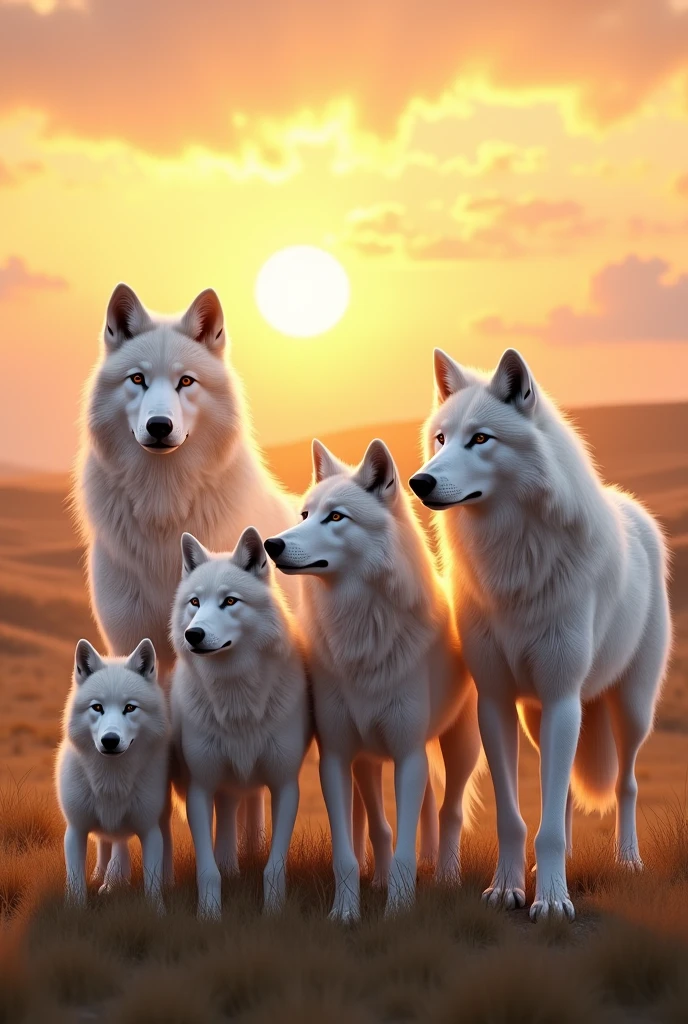 Family of 6 white wolves with sunrise