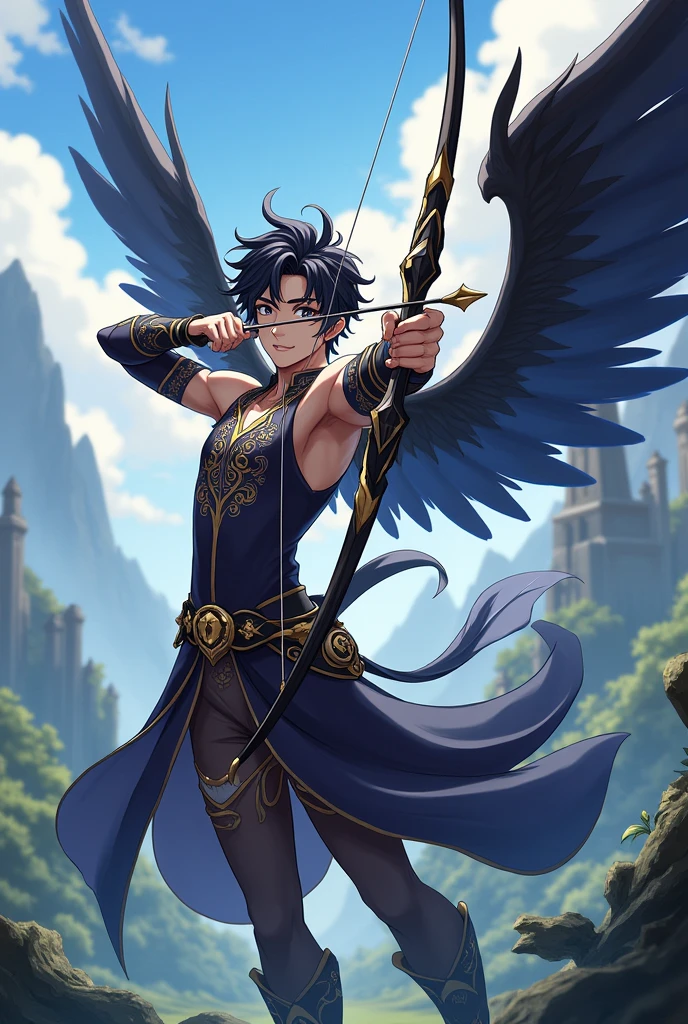 Create a male character who has ribbons on his back that look like black wings and uses a bow and arrow in the Genshin imapact style