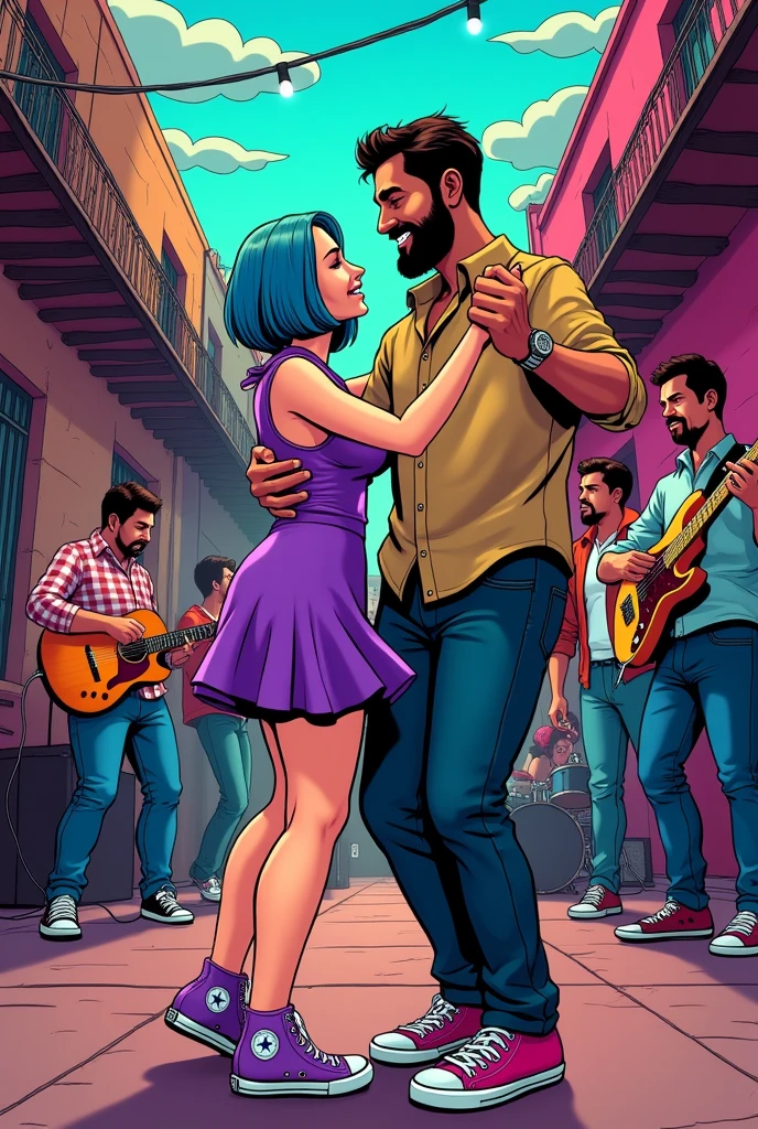 Make a comic book style image like batman. of a couple dancing cumbia, with rock clothing. The Chparrita Woman, white with blue hair and a bob with a purple dress and converse tennis shoes and the man with a dark beard, robust and tall at a popular neighborhood party, like Tepito in CDMX, the slightly dirty street with a psychedelic sky, very dense and beautiful with a perspective to the left and up, In the background a band playing a bass player (chubby) moreno, drummer and two guitarists