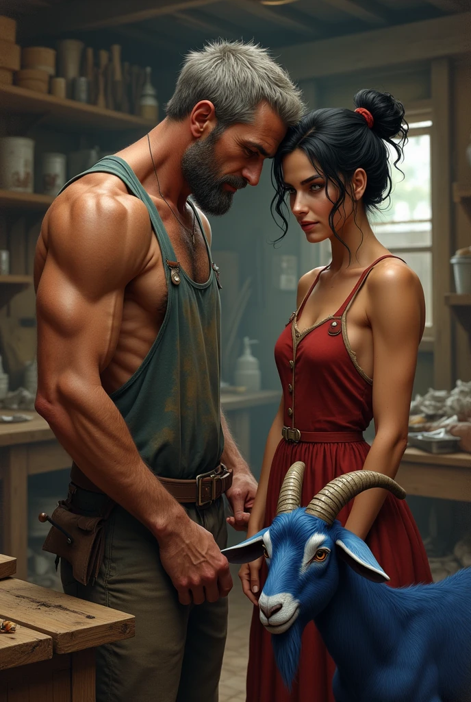 Image as if it were a book, a carpenter in a dirty old tank top, with a blue goat, the stubble, and the appearance of 45 years. next to him a woman in a sturdy red dress, black hair and tied up, with a loose lock of hair, 4 appearance