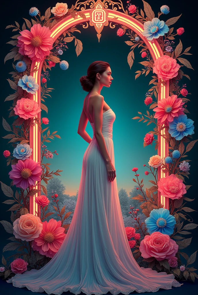 Create an art nouveau style image of a 30-year-old slim female figure, surrounded by vibrant flowers that glow with neon accents. A woman must exude grace, respect and strength, dressed in a flowing strapless dress that highlights her majestic presence. The flower frame should create a striking visual effect, integrating harmoniously with the background.
Awarded several times, Masterpiece artwork, anatomically correcte,
