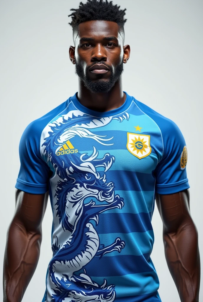 Create a black man using a unique blue and white Uruguay football team shirt with a dragon