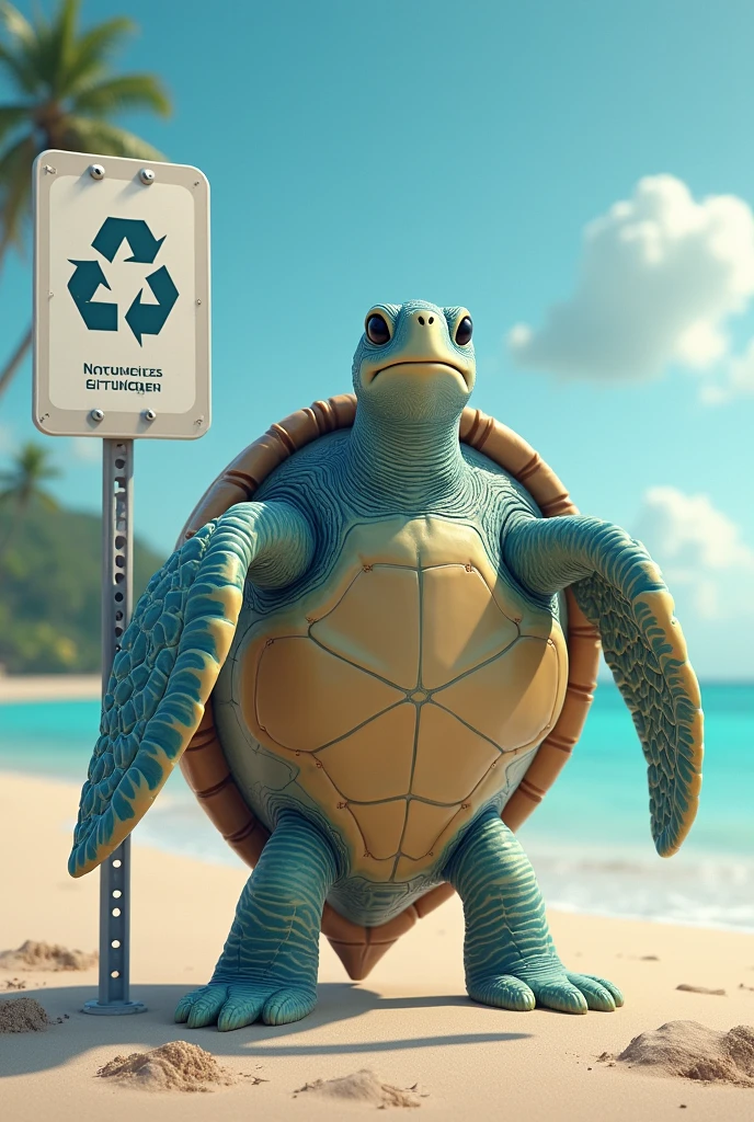 Create a sea turtle that stands on two flippers and has a bottle of epalastic, you want to put it in a bottle collecting cabinet. The turtle in the background is on a beach and there is a sign encouraging recycling.
