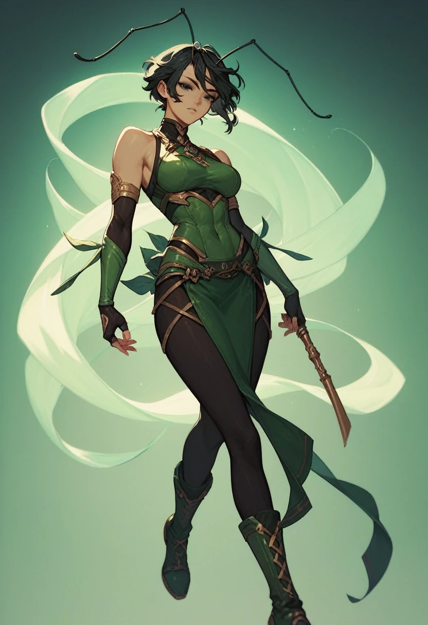 1girl, black eyes, black hair, seamless hair, shoulder-length, antennas, sleeveless, dark green bodysuit, black pants, dark green mini skirt, dark green boots, fingerless sleeves, dark green loincloth, graceful pose