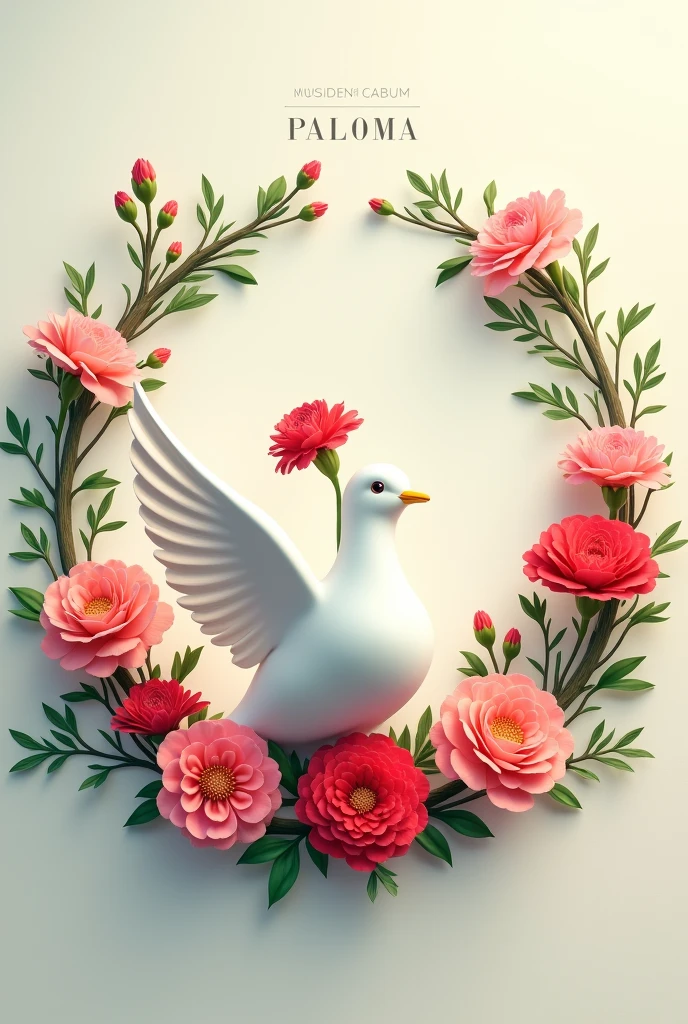 A cover for a music album called "paloma" which includes a white dove surrounded by a wreath of carnations and branches. A carnation flower sprouts from the dove