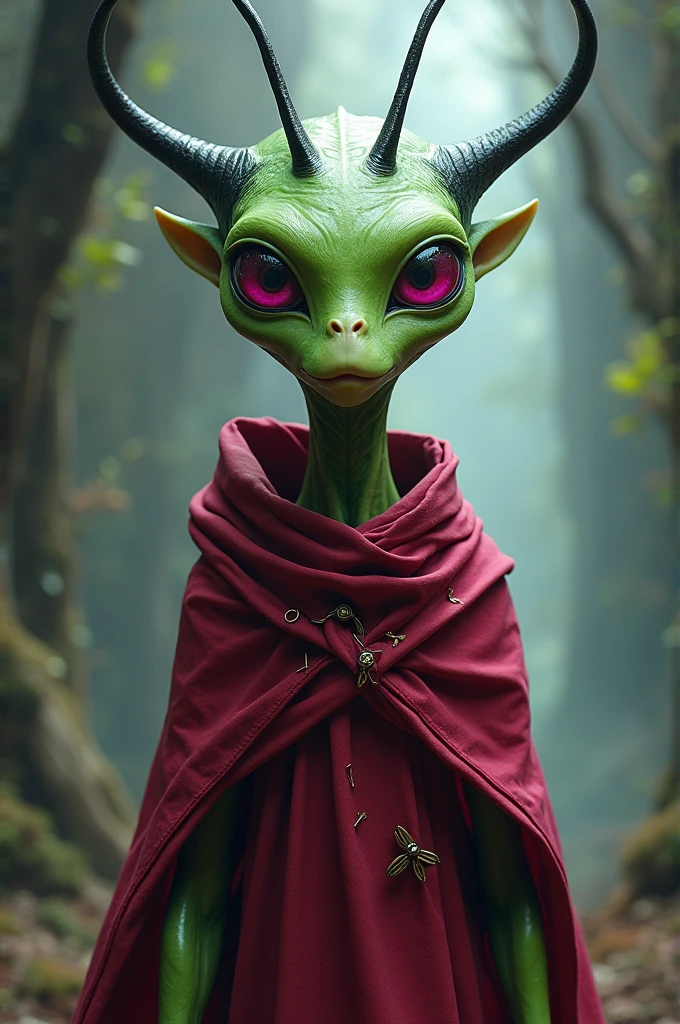 Green alien with black antennas and magenta eyes and a red tunic 