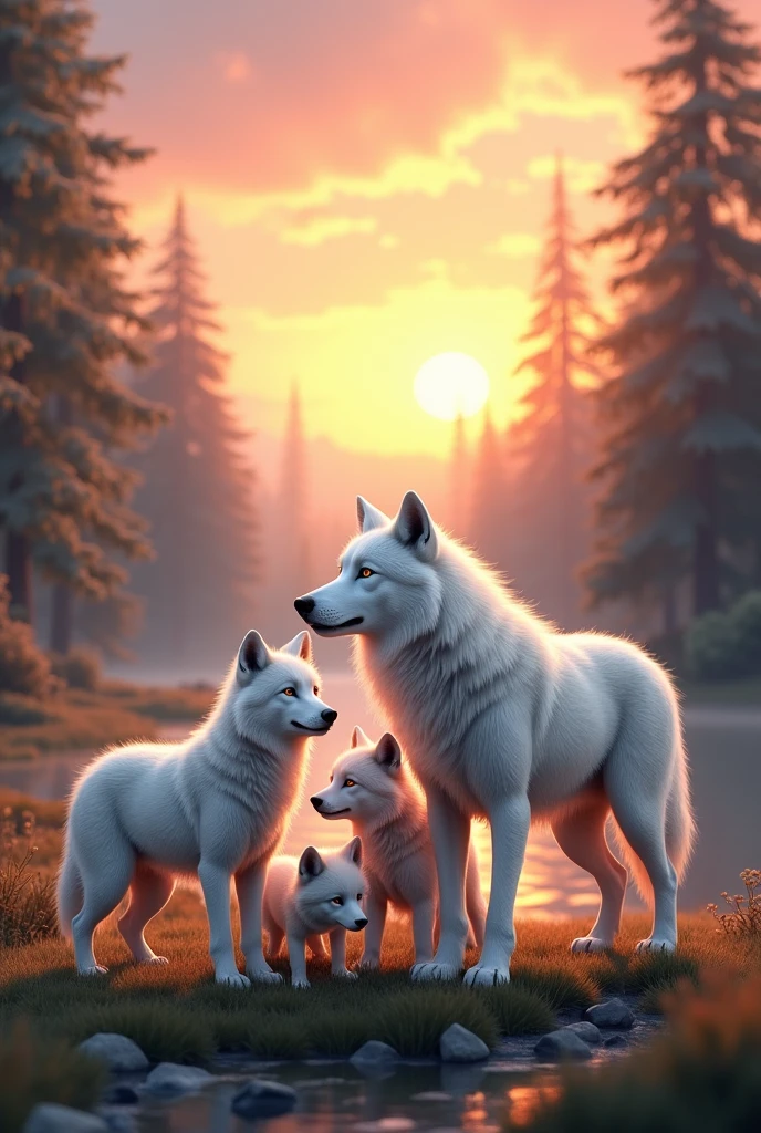 White wolf family with sunrise