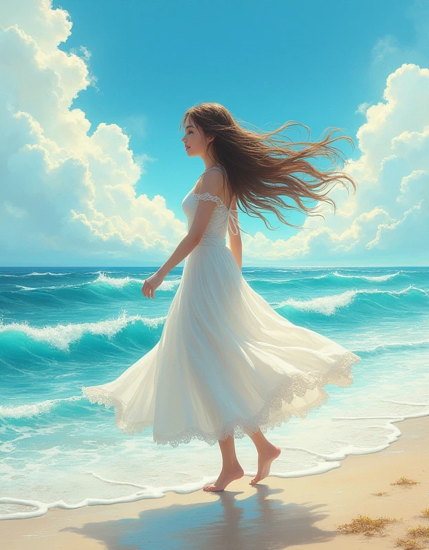 the background is the sea, waves, clouds, a beautiful girl with long hair in the wind in motion with a slight smile is walking in a long water-colored dress