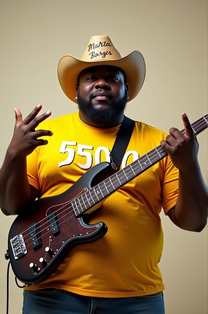 black male, bass guitar, fatter,30 years old, with a cowboy hat on his head that says Paulo Borges, making 15 with your hands and a yellow t-shirt with 55000 written on it the new one has arrived 