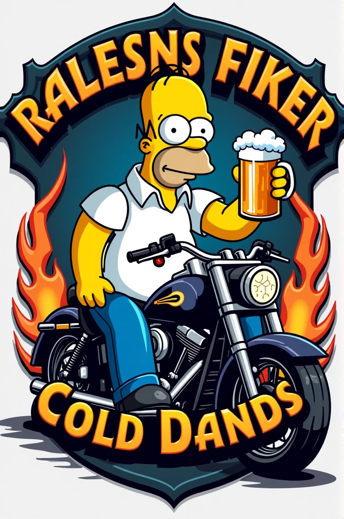Logo for a motorcycle group with Homer Simpson and a beer