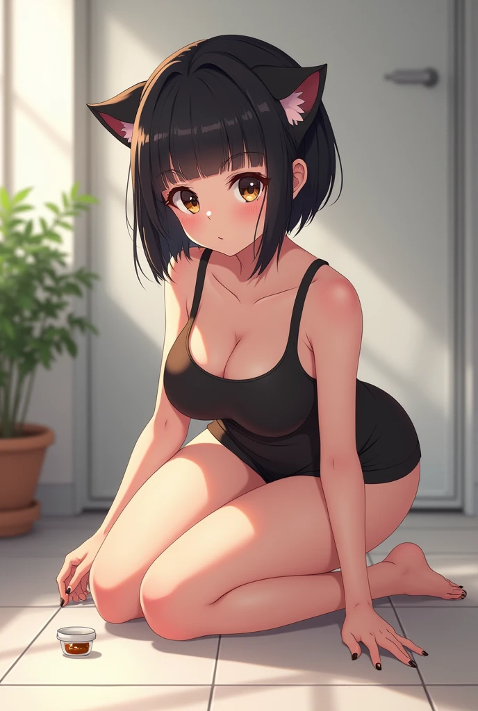 score_9,score_8_above,score_7_above,masterpiece,Best Quality, anime font, official art, saboveer detailed, extremely detailed, classification_safe,
1 girl, All fours, from behind, Looking for a contact lens that fell on the floor,
break girl, 22 years, short hair, bob cut, (blunt bangs), black fur, (puppet, cute detailed brown eyes), curled eyelashes, (big breasts:0.9),
shiny hair, beautiful detailed eyes, beautiful face,
eu