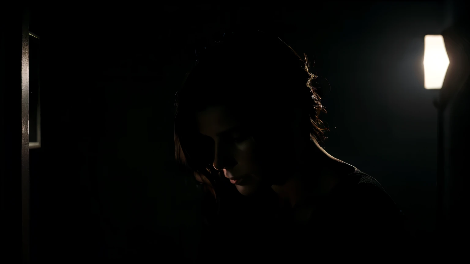 sandra bullock in a dark room, un hombre la abraza desde atrás, it's night, dramatic chiaroscuro lighting, moody atmosphere, cinematic, emotional, (best quality,4k,8k,highres,masterpiece:1.2),ultra-detailed,(realistic,photorealistic,photo-realistic:1.37),dramatic lighting,dramatic shadows,moody atmosphere,cinematic composition,intimate moment,emotional expression,closed,strong chiaroscuro,dramatic contrast,dramatic lighting,