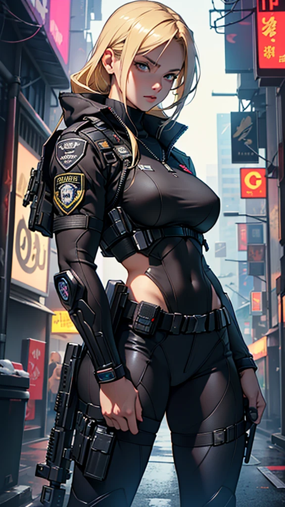 Beautiful girl realistic masterpieces full figure pose (best quality,ultra-detailed), blonde hair, fair skin, fit body, slim figure, narrow waist, (cocky expression), full coverage black SWAT uniform with police insignia, highly detailed military gear and weapons, cyberpunk, futuristic 