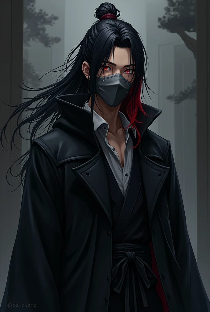 Create an anime style male character wearing a black long sleeved hooded overcoat with black hair with red tips and long tied into a samurai cookie with a gray mask 