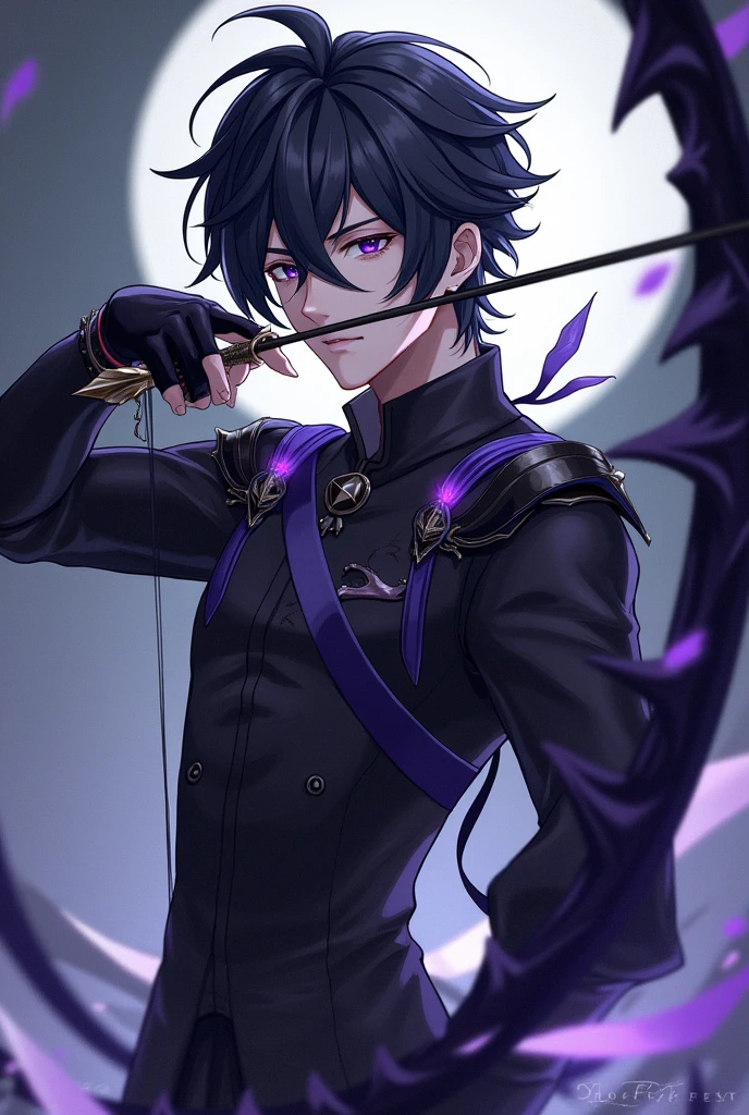 Create a male character who has ribbons on his back that look like black wings and uses a bow and arrow in the Genshin Impact style, His eyes, the left one is gray and has a scar, and the right one is purple.