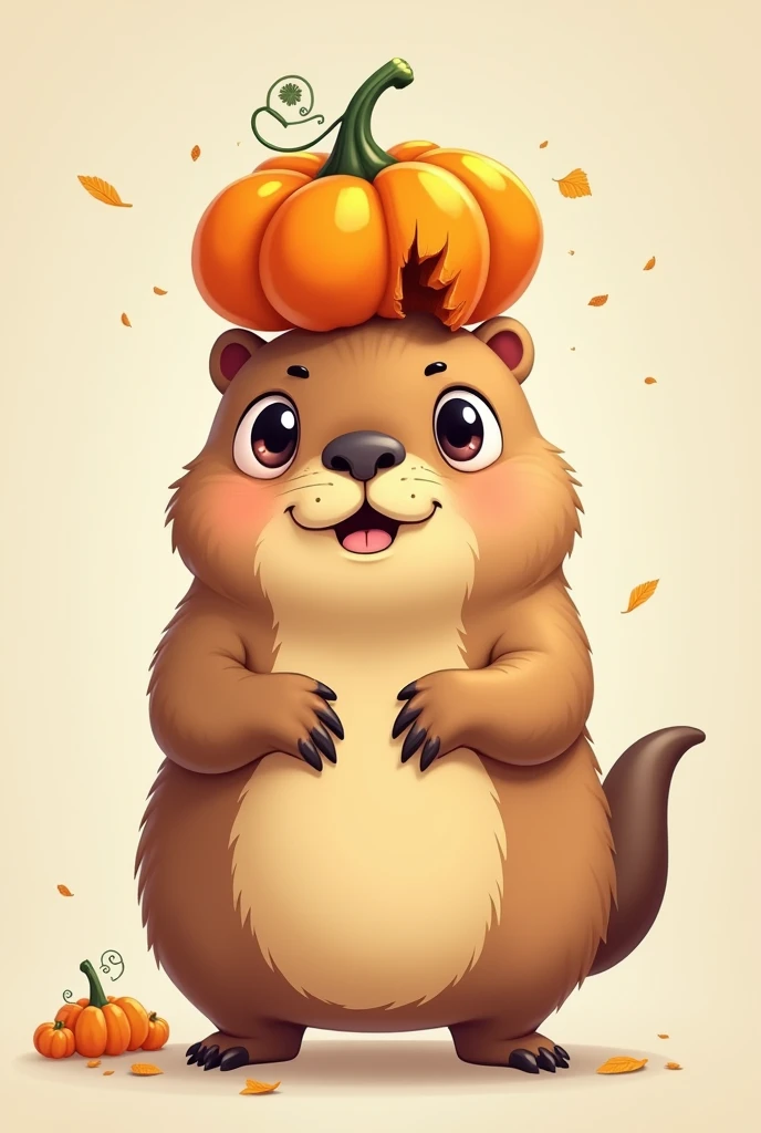 a cute cartoonish capybara with a broken pumpkin on top of its head