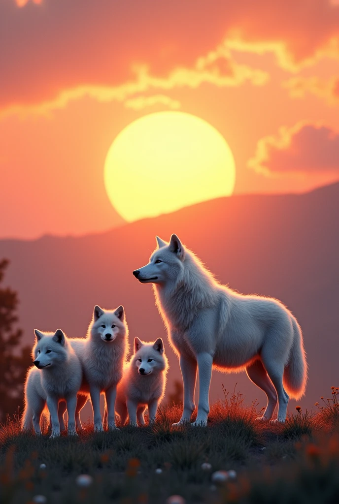 White wolf family with big sunrise