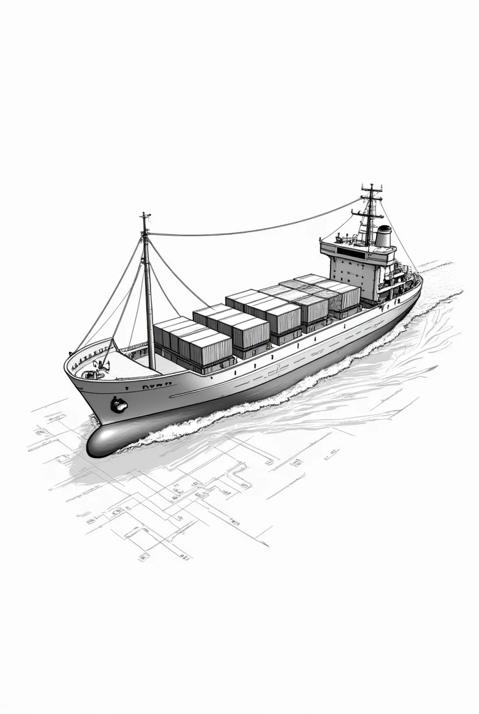 Create a drawing of a container ship with each of its parts and name, in black and white