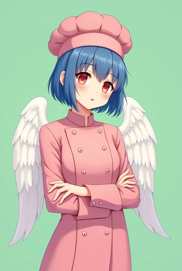 Female chef between 18 and 20 years old with angel wings, with a pink long-sleeved uniform and a chef's hat of the same color, 2D anime style with pastel colors, short blue hair, Red eyes ,with a happy and sensual expression, on a completely green and flat background
