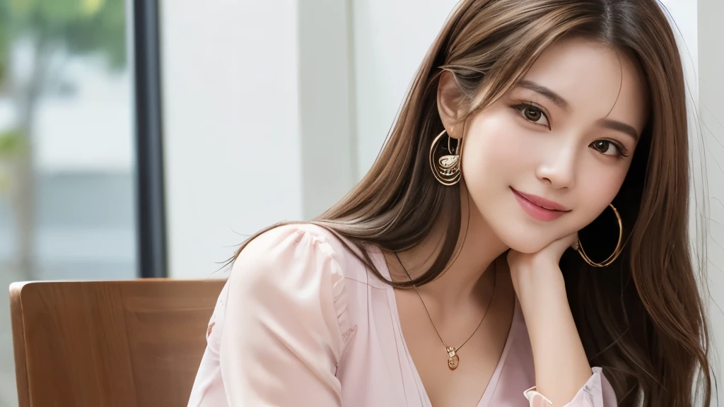 Highest quality、High resolution、8k wallpaper、Dense and beautiful eye-glue hair、(Beautiful breasts:1.3)、Natural color lip、2 woman、Brown Hair、smile、Semi-long hair、Hair tied up、Wearing a necklace and earrings、Wearing a light pink blouse、workplace、Lunch break、canteen、Sitting