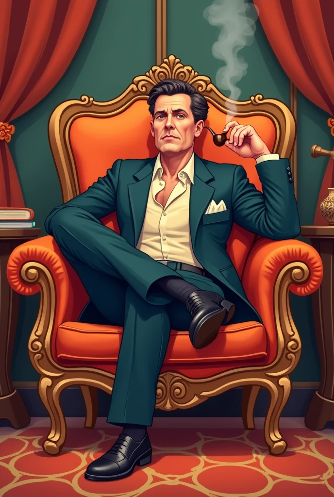 Simple cartoon with details, of an elegant man sitting on a luxurious chair, one leg crossed, smoking a pipe in his hand, looking forward, a wonderful cartoon