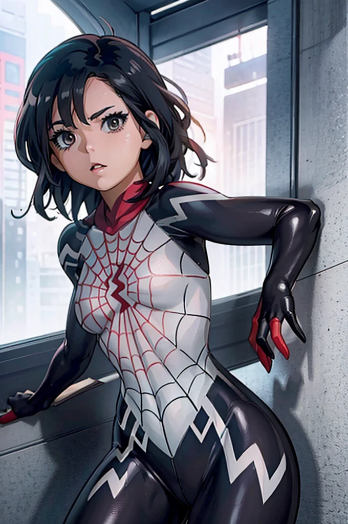 uraraka ochako, mha series, uraraka ochako, ((spider gwen)), spider gwen, wearing she venom suit, mask, hero mask, white face mask, white domino mask with white big eyes, beautiful detailed eyes, beautiful detailed lips, extremely detailed eyes and face, long eyelashes, dynamic action pose, intense focus, cinematic lighting, high contrast, vibrant colors, digital art, highly detailed, photorealistic, masterpiece, 8k, ultra-detailed