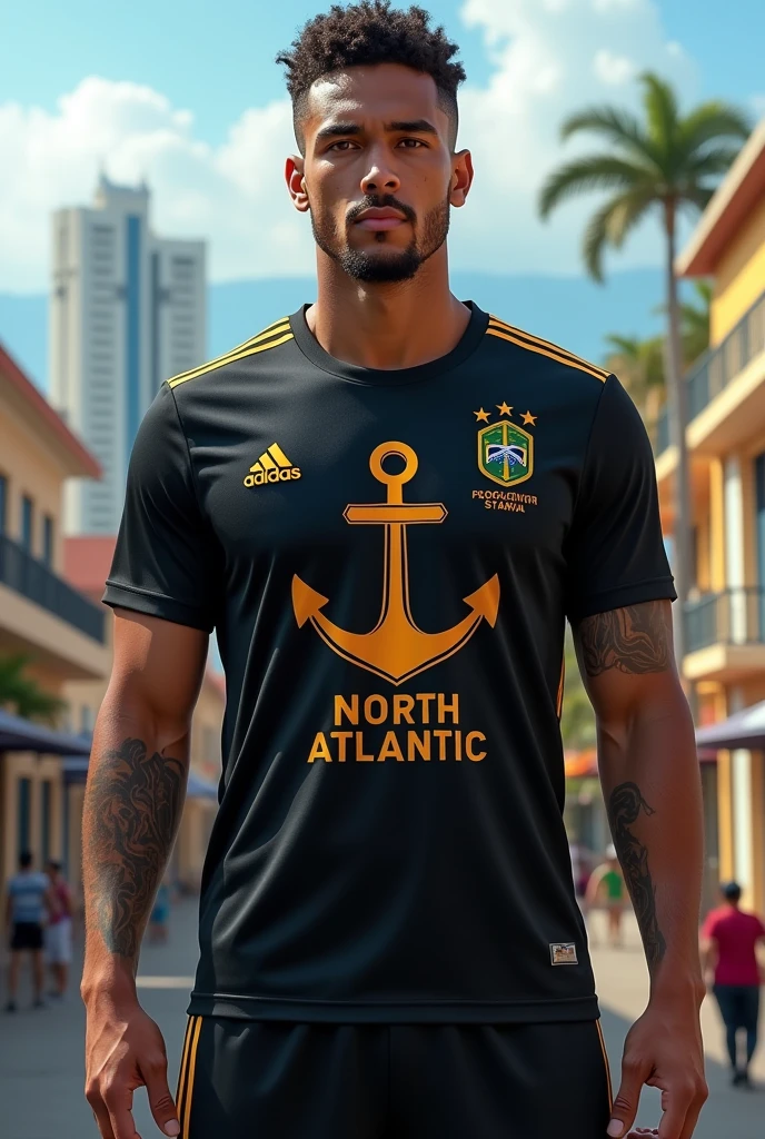 Black Brazilian football shirt with the words North Atlantic written on it with the symbol of an anchor