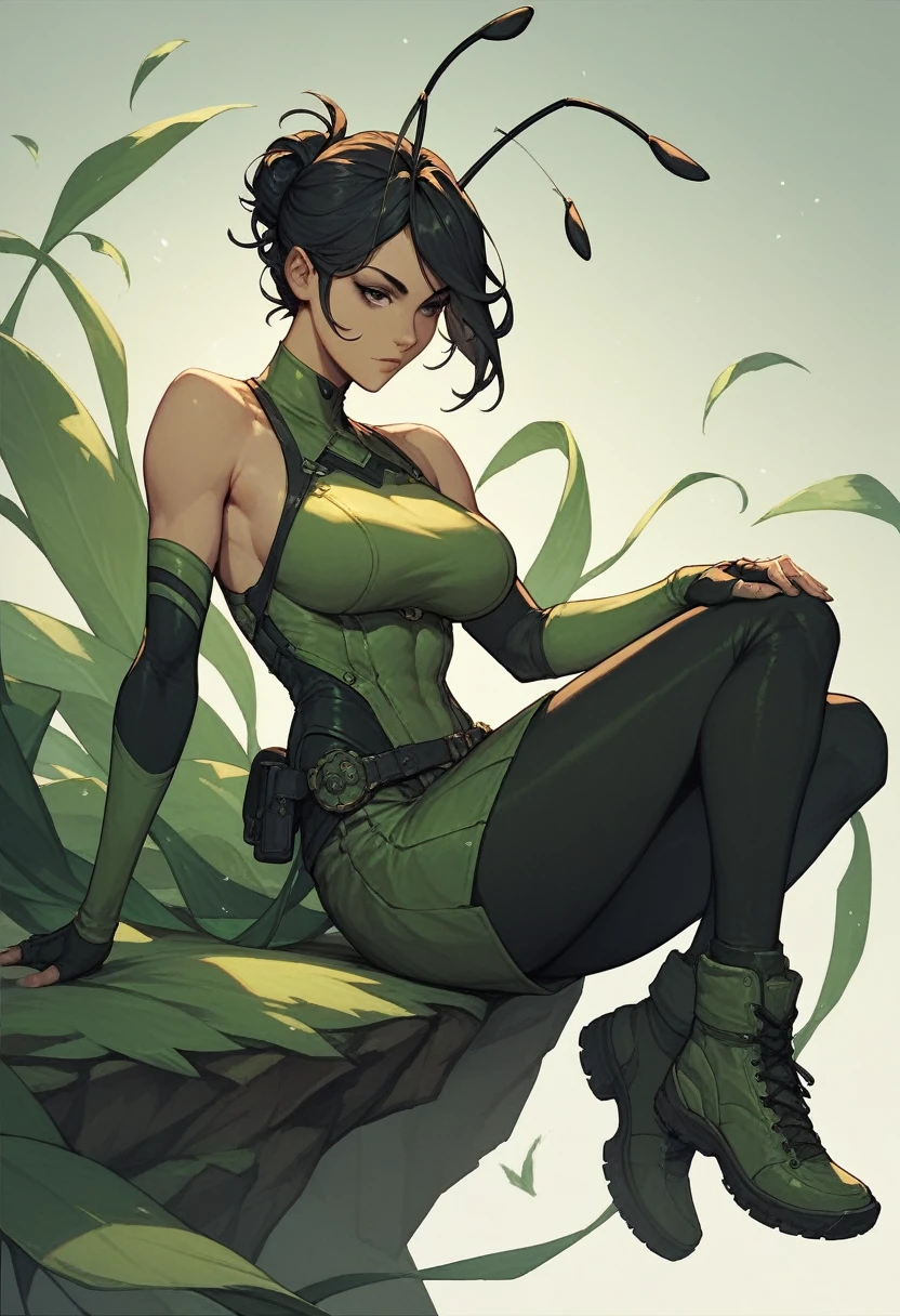 1girl, black eyes, black hair, seamless hair, shoulder-length, antennas, sleeveless, dark green bodysuit, black pants, dark green mini skirt, dark green boots, fingerless sleeves, modest pose