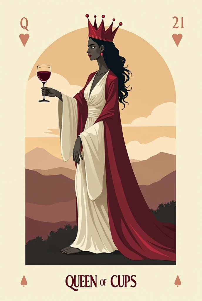 The queen of cups with a glass of wine in her hand inside a deck of Spanish playing cards logo style