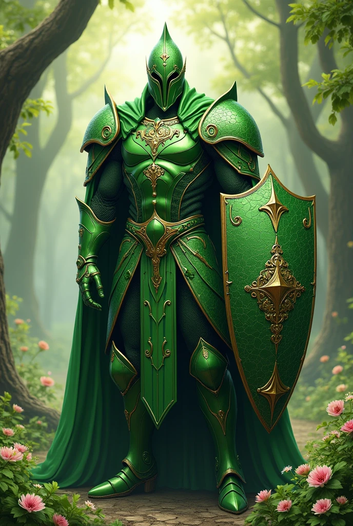 A warrior in green armor and a shield that appears to be made of leaves or clovers, reflecting the arrival of spring