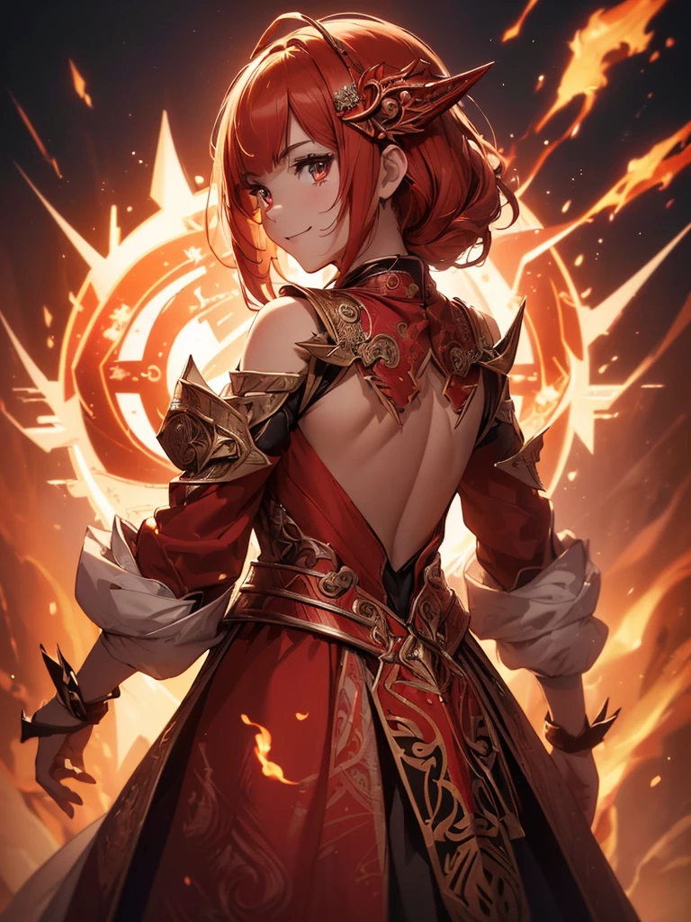 (((best quality, sharp image, clear image, cinematic lighting, 8k resolution, masterpiece, ultra detailed, intricate))) Girl, sorcerer, cute, intricate dress, smiling, fiery red, ((intricate background)), (rune frame), dimension, ((shot from behind)), fire sigils, chaotic background, ((half-body shot))