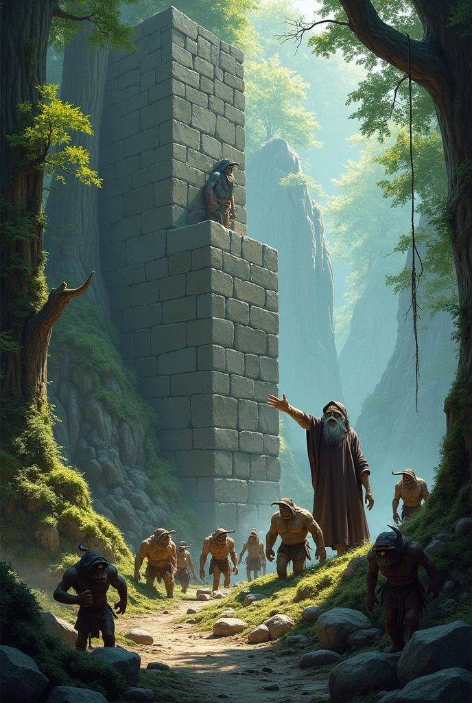 magical woods, orcs building a wall, goblins carrying rock to the tower, tall wizard directing them to build, fantasy art, dark fantasy, digital painting, 8k, high quality, detailed environment, dramatic lighting, epic scale, intricate details, cinematic composition, lush foliage, mossy rocks, ancient architecture, fantastical creatures, dramatic poses, dynamic action